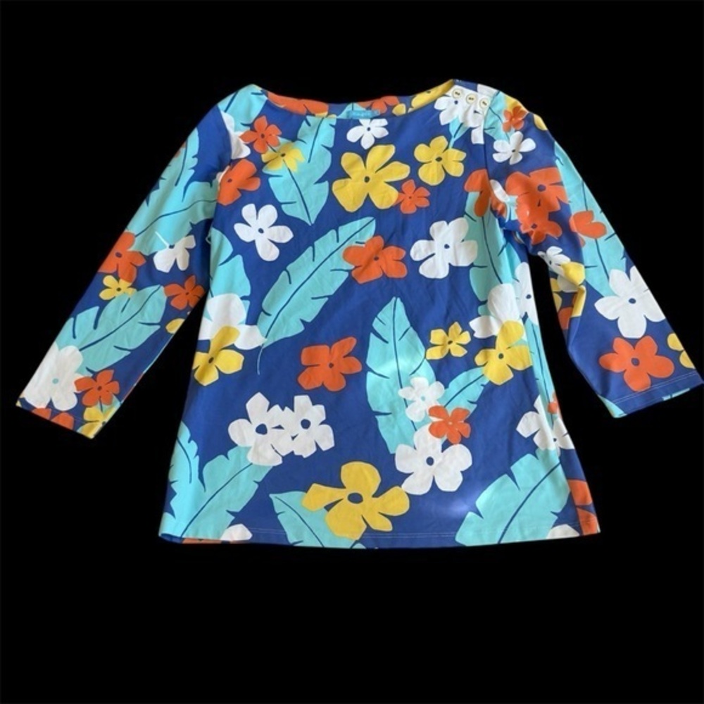 J. McLaughlin Women’s Top Medium Blue Floral Tropical Print 3/4 Sleeve Boatneck